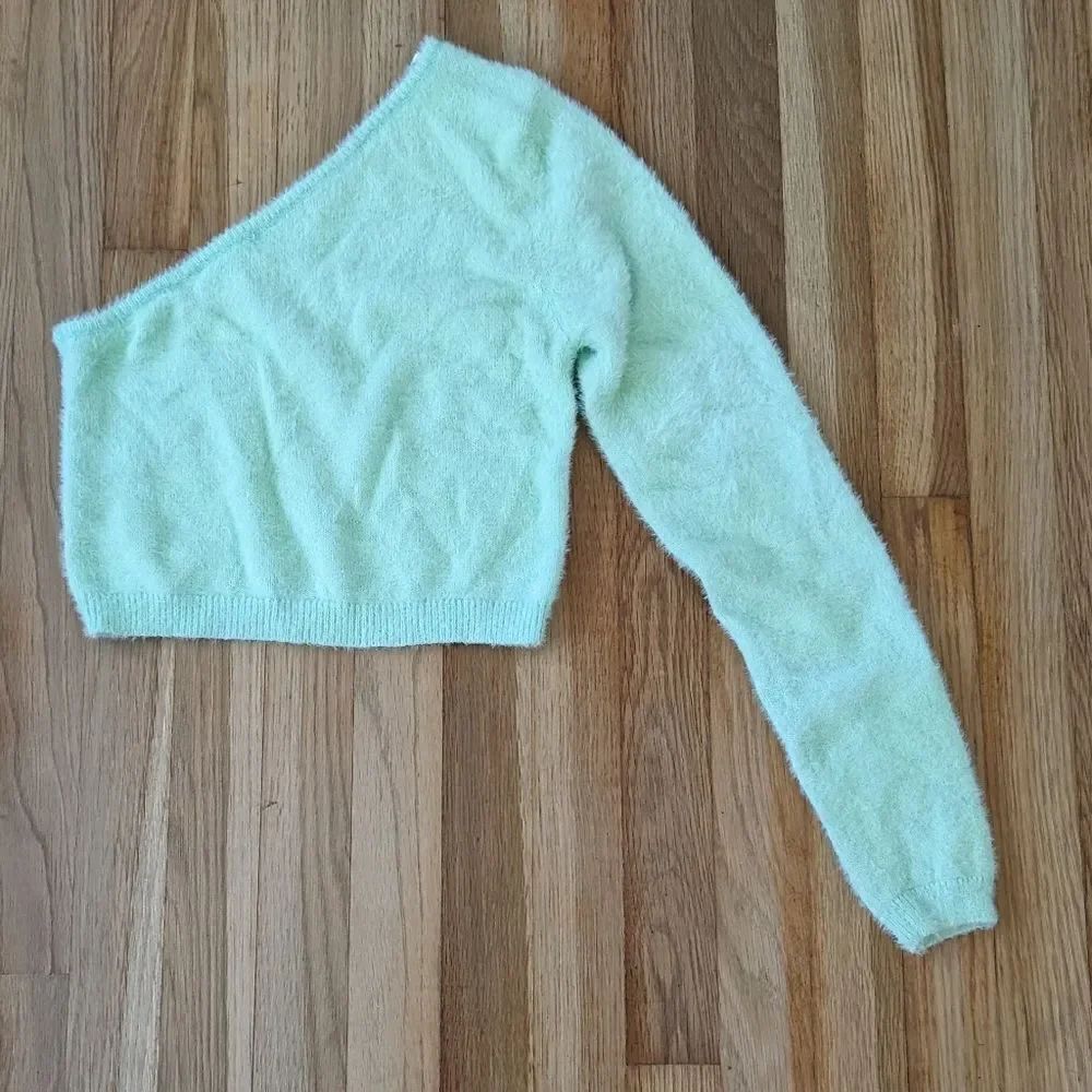 light green pistachio fuzzy sweater one shoulder crop top Redberry NWT